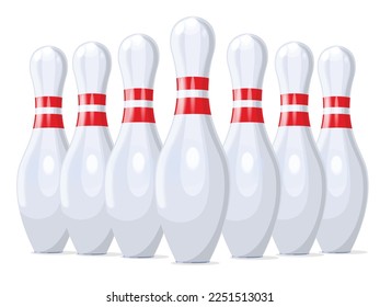 Bowling pins on bowling alley line. Illustration of bowling strike. Vector Template for poster of Sport competition
