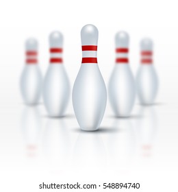 Bowling pins on white floor isolated on white. Vector illustration