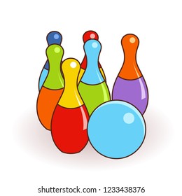 Bowling pins and one ball illustration isolated with clean flat design. Kids toys illustration.