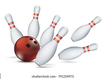 Bowling pins and red ball on the white background. Eps 10 vector file.