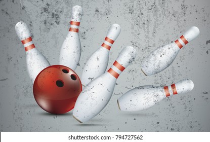 Bowling pins with red ball on the concrete. Eps 10 vector file.