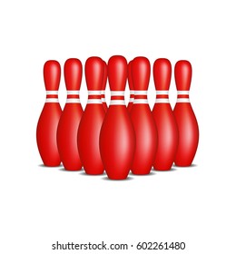 Bowling pins in red design with white stripes standing in formation
