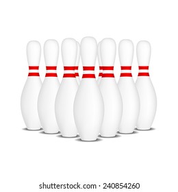 Bowling pins con rayas rojas de pie en formación