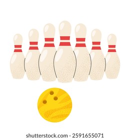 Bowling. Bowling pins in a row. Skittles and balls on a white background. For designs team sports and outdoor activity themes.