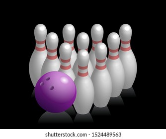 bowling pins set, black background, purple ball, vector illustration 