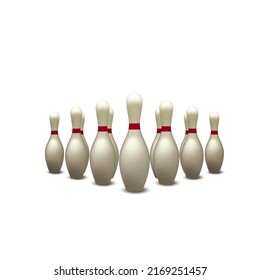 Bowling pins set, duckpin vector graphic illustratoin 3d. Bowl sport pin set, stock image isolated. White ten-pin game