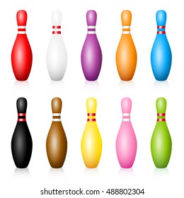 Bowling pins - set with ten different colors - isolated vector illustration on white background.