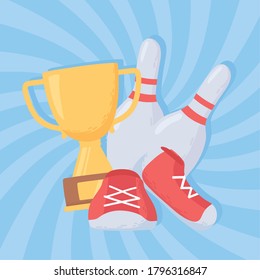 bowling pins shoes and trophy game recreational sport flat design vector illustration