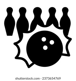 Bowling Pins solid icon, bowling concept, Bowling game sign on white background, Skittles and rolling ball icon in glyph style for mobile concept and web design. Vector graphics