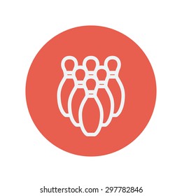 Bowling pins thin line icon for web and mobile minimalistic flat design. Vector white icon inside the red circle.