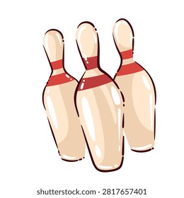 Bowling pins in a three-piece group with red stripes and classic tenpin shape. Sports club, tournament and game graphics featuring bowling pins, cartoon vector illustration.