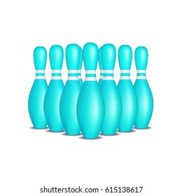 Bowling pins in turquoise design with white stripes standing in formation