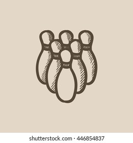 Bowlingstifte, Vektorgrafik Symbol einzeln auf Hintergrund. Handgezeichnete Pins-Ikone für Bowling. Bowling stellt Skizzen für Infografik, Website oder App her.