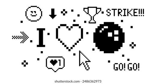 Bowling pixel art 8 bit design. Sport banner concept. Composition with bowling ball, heart, text Strike. Pixels Y2k trendy playful sticker. Mood of 90's aesthetics. Simple geometric form