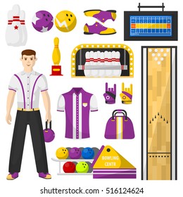 Bowling player with bowling equipment icons set. Vector Illustration collection. Isolated on white.