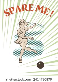 Bowling player girl with ball. Design for t-shirt, poster, card vintage