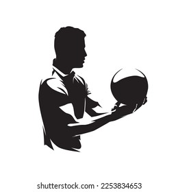 Bowling, player rolls ball toward pins, isolated vector silhouette, ink drawing, front view. Bowling logo