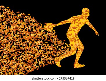 Bowling player silhouette sport vector background concept made of triangular fragments explosion