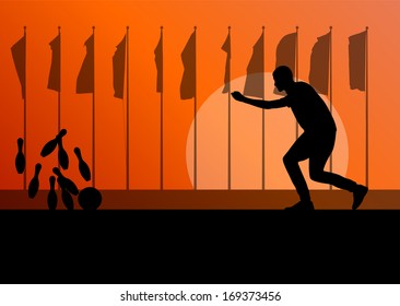 Bowling player silhouettes vector abstract background landscape with flags