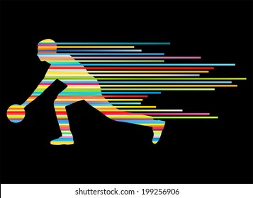 Bowling player silhouettes vector background concept made of stripes