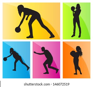 Bowling player silhouettes vector set background