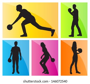 Bowling player silhouettes vector set background