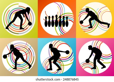 Bowling player silhouettes vector set background concept