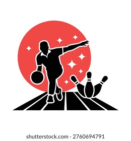 Bowling player throwing ball on lane with pins sport