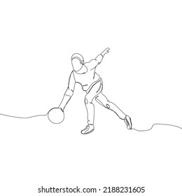 Bowling player throwing a ball one line art. Continuous line drawing game, leisure, activity, strike, skittles, entertainment, team sport.