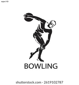 Bowling, player throwing ball towards pins, isolated vector silhouette