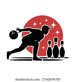 Bowling player throwing ball towards pins in front of red circle