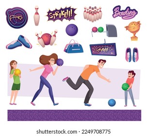 Bowling players. Funny characters playing in sport game bowling exact vector people in action poses