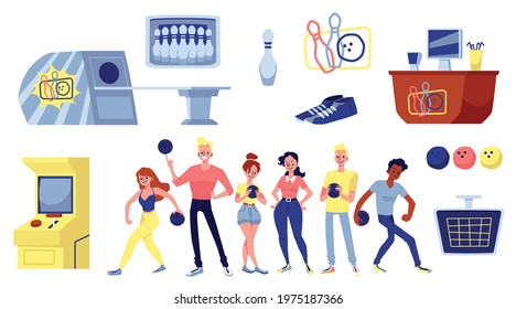 Bowling players and game equipment set, flat vector illustration isolated on white background. Collection male and female characters and symbols for bowling game.