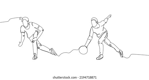 Bowling players set one line art. Continuous line drawing game, leisure, activity, strike, skittles, throwing a ball, entertainment, team sport.