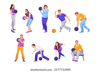 Bowling players in various poses with bowling balls. Vector illustration