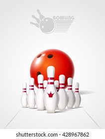 Bowling poster with ball and bowling pins.