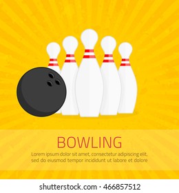 Bowling poster with ball and bowling pins in flat style. The pattern of the advertisement, invitation to the game. Layered vector EPS 10 available.
