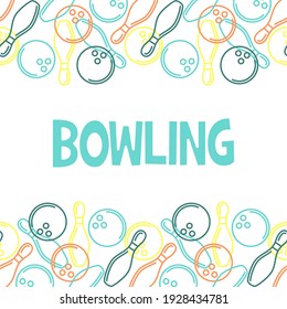 Bowling poster with outline of skittles and bowling balls, seamless horizontal pattern, vector