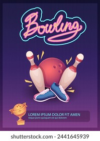 Bowling poster placard with skittles and balls for playing game vector template with place for text