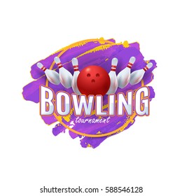 Bowling Poster with Purple Watercolors Vector Background. Bowl Event Info Postcard Design Sports Ad Web Banner or Card Template. Realistic Ball and Tenpins Illustration