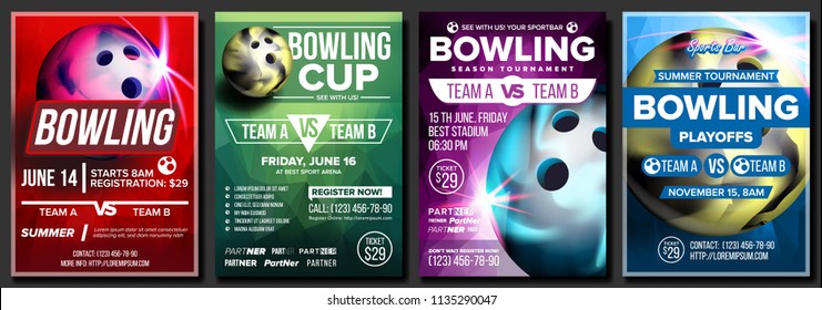 Bowling Poster Set Vector. Design For Sport Pub, Cafe, Bar Promotion. Bowling Club Ball. Modern Tournament. Sport Event Announcement. Banner Advertising. Championship Layout Template Illustration