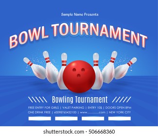 Bowling Poster Vector Background. Bowl Event Info Postcard Design and Sports Ad Web Banner or Horizontal Card Template.Realistic Bowling Ball and Tenpins Illustration.

