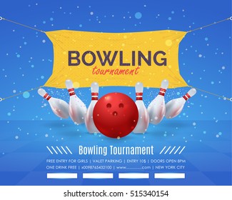 Bowling Poster Vector Background. Bowl Event Info Postcard Design and Sports Ad Web Banner or Horizontal Card Template.Realistic Ball and Tenpins Illustration. 