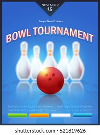 Bowling Poster Vector Background. Bowl Event Info Postcard Design and Sports Ad Web Banner or Horizontal Card Template. Realistic Ball and Tenpins Illustration