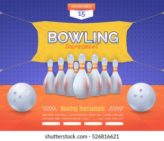 Bowling Poster Vector Background. Bowl Event Info Postcard Design and Sports Ad Web Banner or Horizontal Card Template. Realistic Ball and Tenpins Illustration