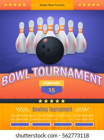 Bowling Poster Vector Colorful Background. Bowl Event Info Postcard Design and Sports Ad Web Banner or Vertical Card Template. Realistic Ball and Tenpins Illustration