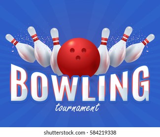 Bowling Poster Vector Colorful Background. Bowl Event Info Postcard Design and Sports Ad Web Banner or Horizontal Card Template. Realistic Ball and Tenpins Illustration