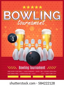 Bowling Poster Vector Colorful Background. Bowl Event Info Postcard Design and Sports Ad Web Banner or Vertical Card Template. Realistic Ball and Tenpins Illustration