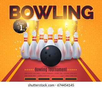 Bowling Poster Vector Colorful Background. Bowl Event Info Postcard Design and Sports Ad Web Banner or Horizontal Card Template. Realistic Ball and Tenpins Illustration