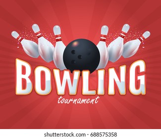 Bowling Poster Vector Colorful Background. Bowl Event Info Postcard Design and Sports Ad Web Banner or Horizontal Card Template. Realistic Ball and Tenpins Illustration